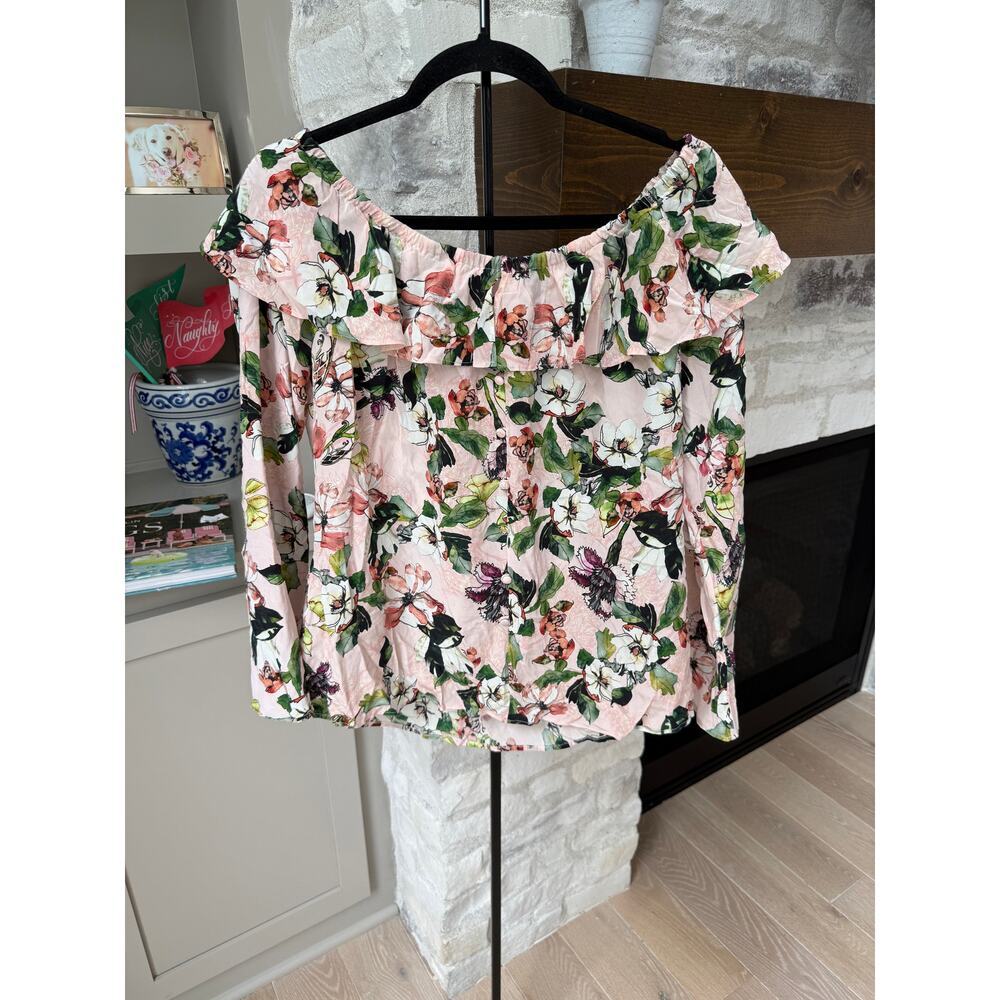 Ecru Women's Pink Floral Print Off the Shoulder Bell Sleeves Blouse Size S